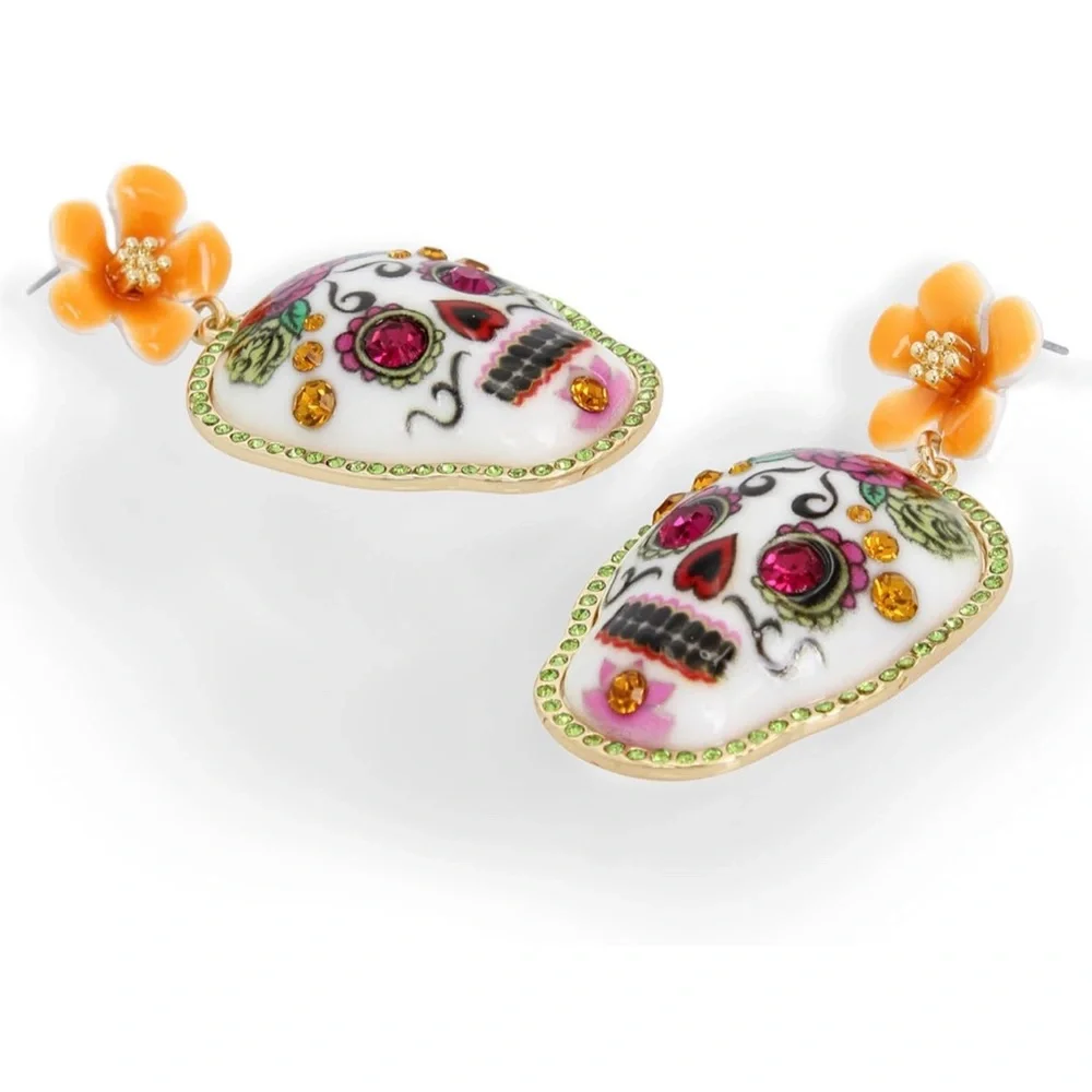 Betsey Johnson Floral Skull Drop Earrings